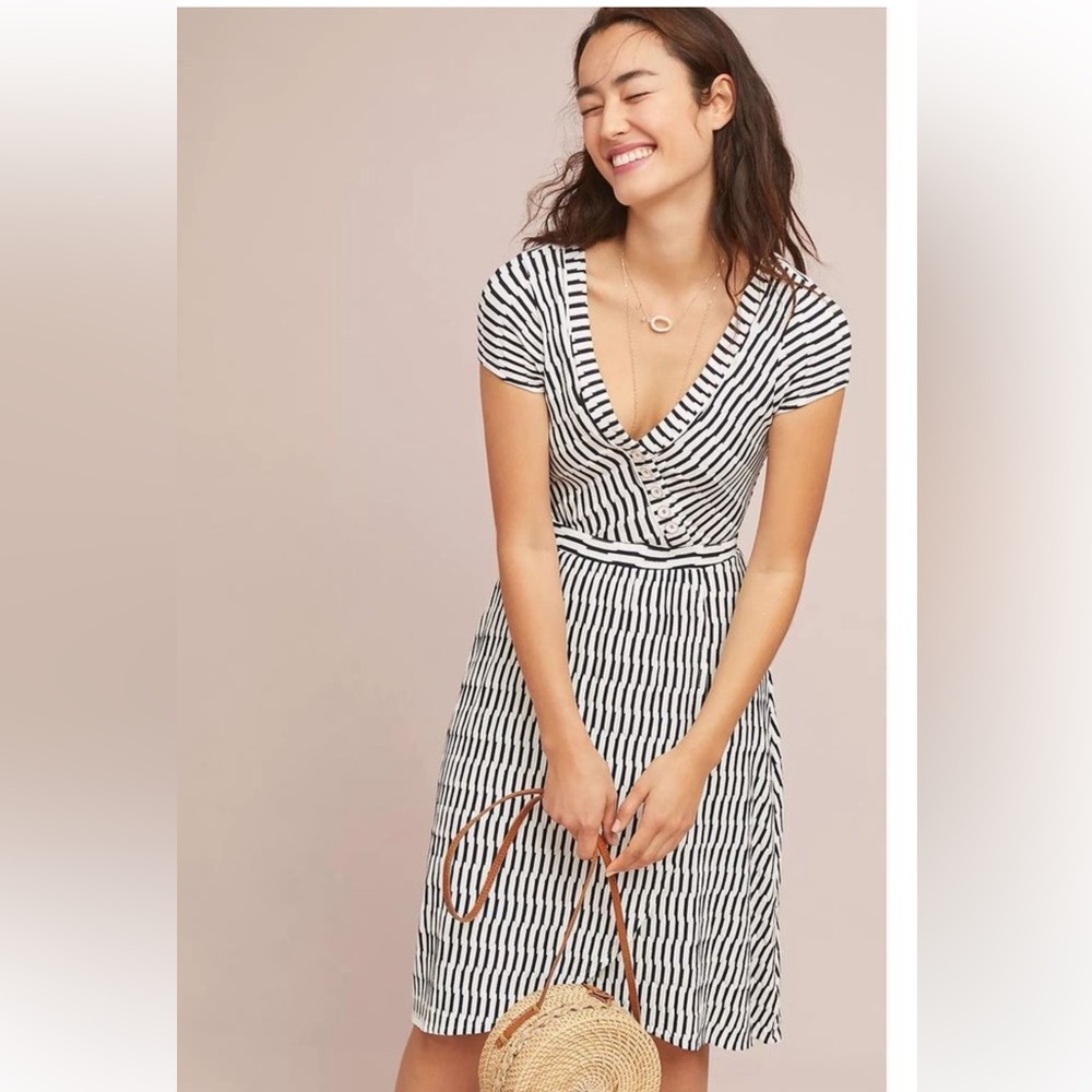 MAEVE ANTHROPOLOGIE PALADINO TEXTURED STRIPED FAUX WRAP MIDI DRESS SIZE SMALL